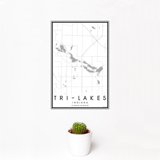 12x18 Tri-Lakes Indiana Map Print Portrait Orientation in Classic Style With Small Cactus Plant in White Planter