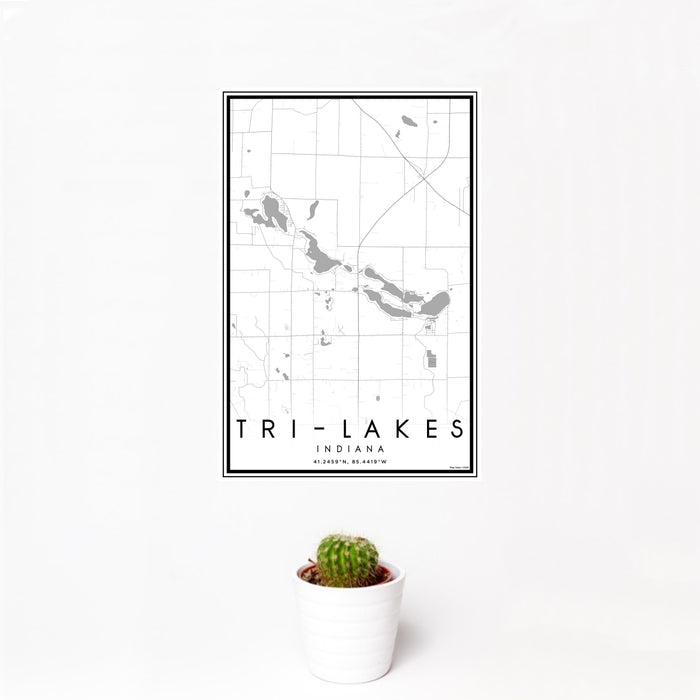 12x18 Tri-Lakes Indiana Map Print Portrait Orientation in Classic Style With Small Cactus Plant in White Planter