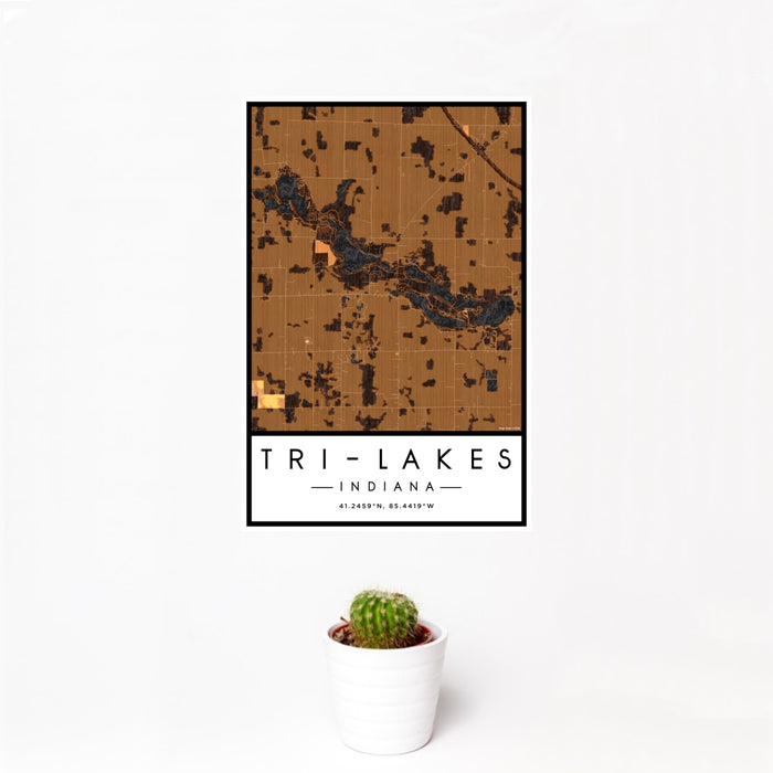 12x18 Tri-Lakes Indiana Map Print Portrait Orientation in Ember Style With Small Cactus Plant in White Planter