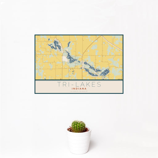 12x18 Tri-Lakes Indiana Map Print Landscape Orientation in Woodblock Style With Small Cactus Plant in White Planter