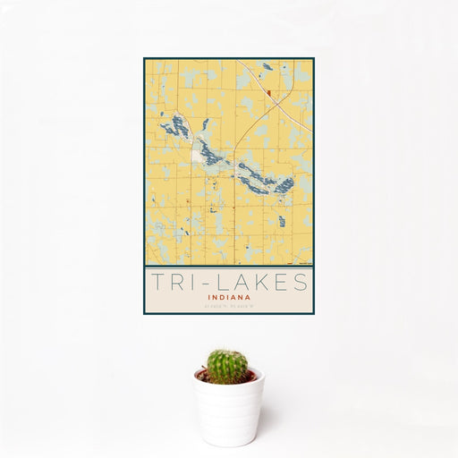 12x18 Tri-Lakes Indiana Map Print Portrait Orientation in Woodblock Style With Small Cactus Plant in White Planter