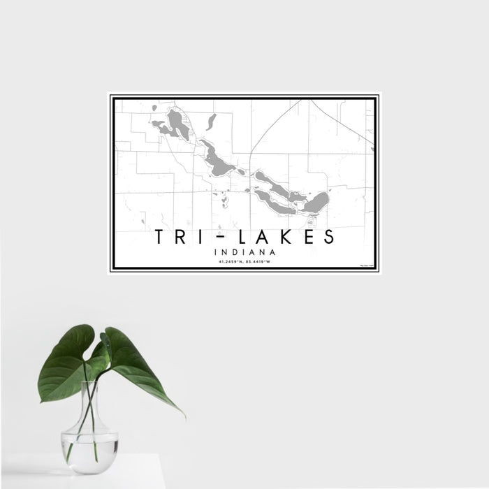 16x24 Tri-Lakes Indiana Map Print Landscape Orientation in Classic Style With Tropical Plant Leaves in Water