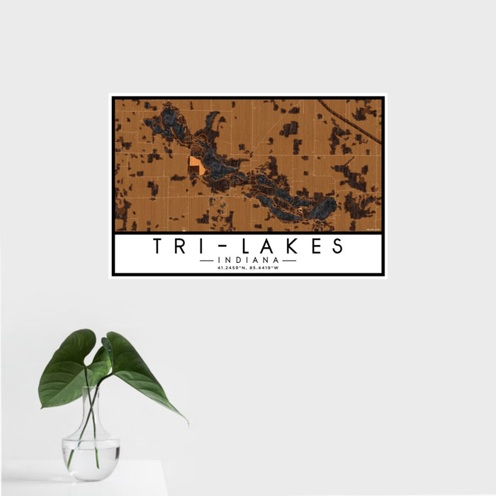 16x24 Tri-Lakes Indiana Map Print Landscape Orientation in Ember Style With Tropical Plant Leaves in Water