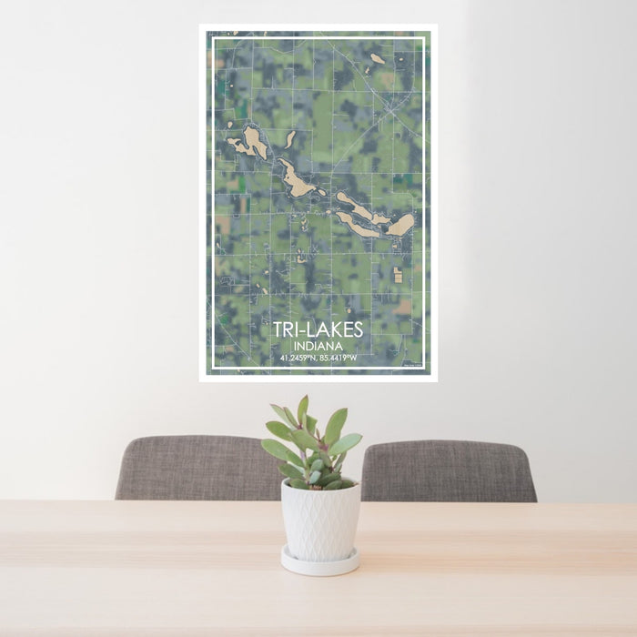 24x36 Tri-Lakes Indiana Map Print Portrait Orientation in Afternoon Style Behind 2 Chairs Table and Potted Plant