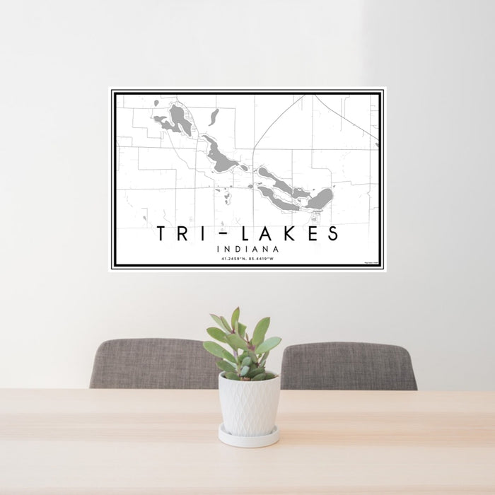 24x36 Tri-Lakes Indiana Map Print Lanscape Orientation in Classic Style Behind 2 Chairs Table and Potted Plant