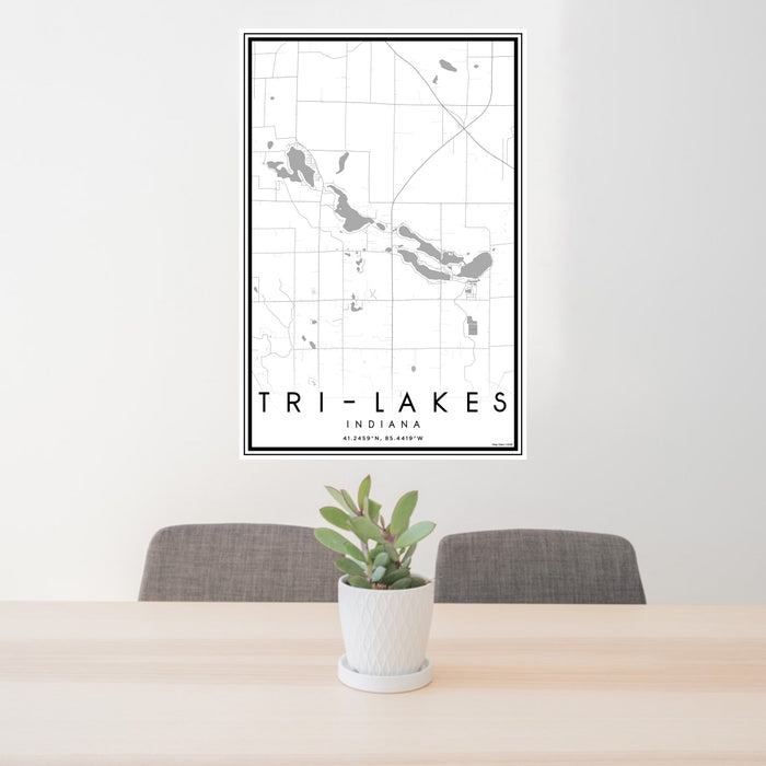 24x36 Tri-Lakes Indiana Map Print Portrait Orientation in Classic Style Behind 2 Chairs Table and Potted Plant