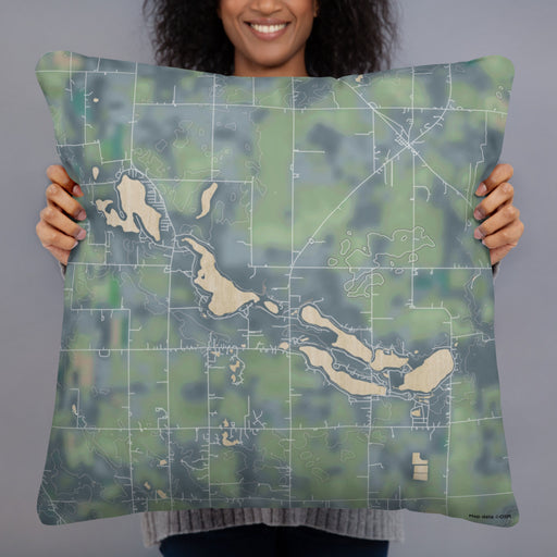 Person holding 22x22 Custom Tri-Lakes Indiana Map Throw Pillow in Afternoon