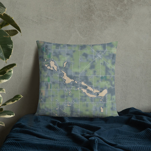 Custom Tri-Lakes Indiana Map Throw Pillow in Afternoon on Bedding Against Wall