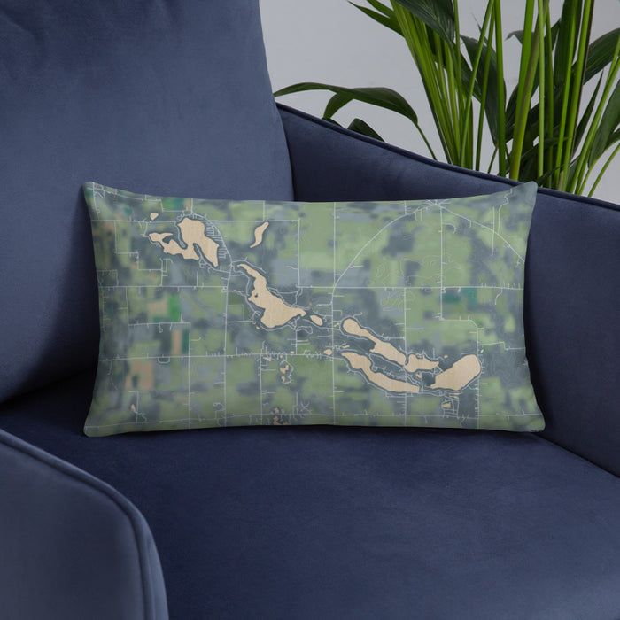 Custom Tri-Lakes Indiana Map Throw Pillow in Afternoon on Blue Colored Chair