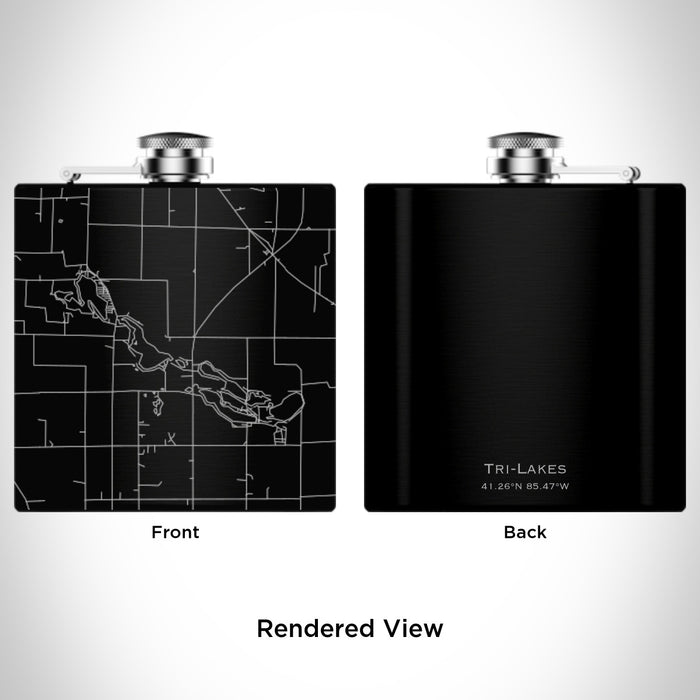 Rendered View of Tri-Lakes Indiana Map Engraving on 6oz Stainless Steel Flask in Black
