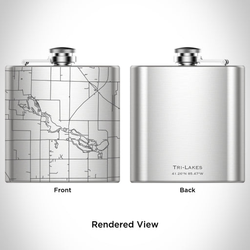 Rendered View of Tri-Lakes Indiana Map Engraving on 6oz Stainless Steel Flask