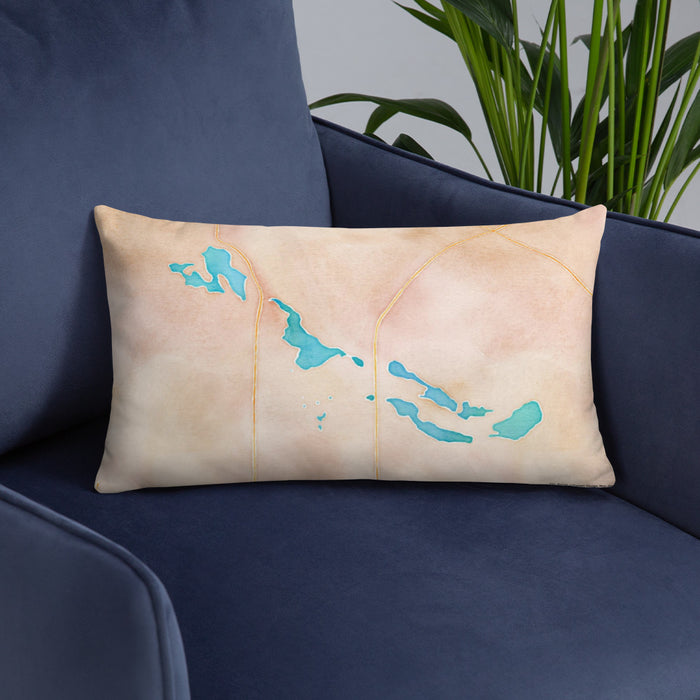 Custom Tri-Lakes Indiana Map Throw Pillow in Watercolor on Blue Colored Chair