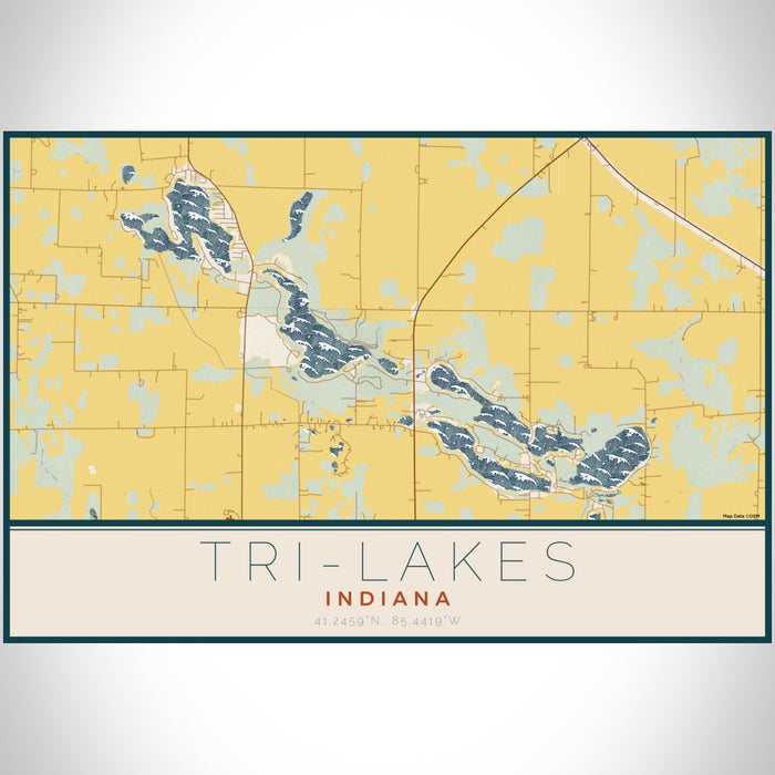 Tri-Lakes Indiana Map Print Landscape Orientation in Woodblock Style With Shaded Background