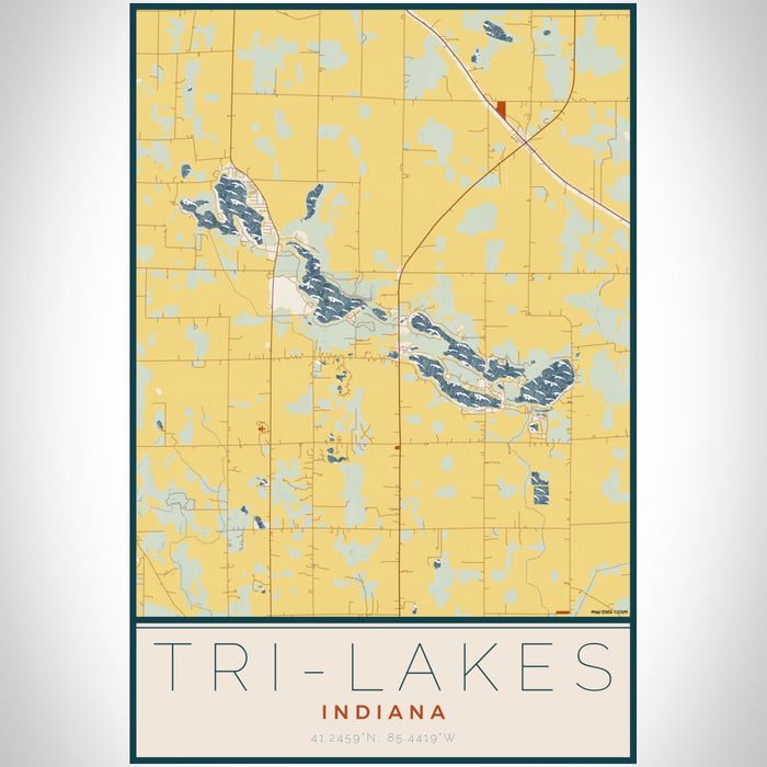 Tri-Lakes Indiana Map Print Portrait Orientation in Woodblock Style With Shaded Background