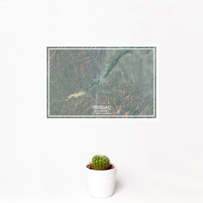 12x18 Trinidad Colorado Map Print Landscape Orientation in Afternoon Style With Small Cactus Plant in White Planter
