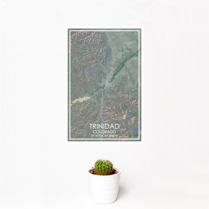 12x18 Trinidad Colorado Map Print Portrait Orientation in Afternoon Style With Small Cactus Plant in White Planter