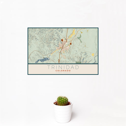 12x18 Trinidad Colorado Map Print Landscape Orientation in Woodblock Style With Small Cactus Plant in White Planter