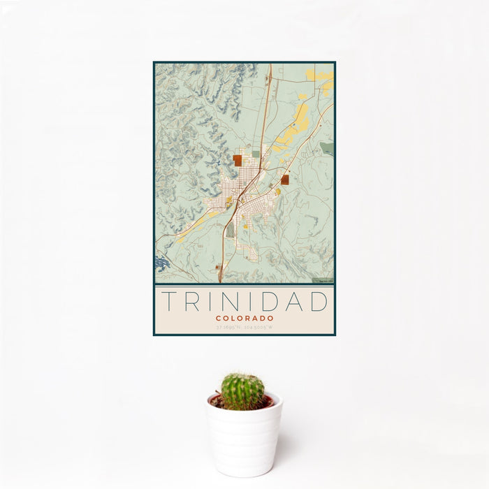 12x18 Trinidad Colorado Map Print Portrait Orientation in Woodblock Style With Small Cactus Plant in White Planter
