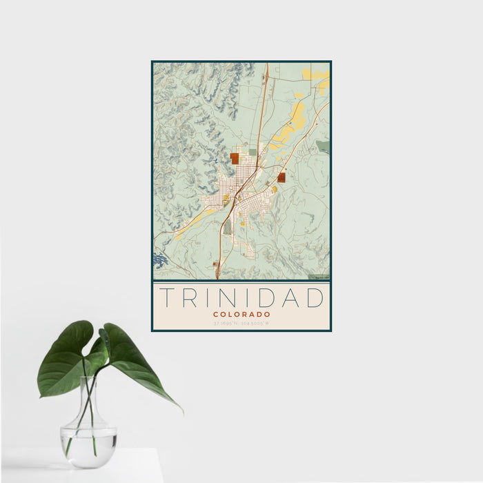 16x24 Trinidad Colorado Map Print Portrait Orientation in Woodblock Style With Tropical Plant Leaves in Water