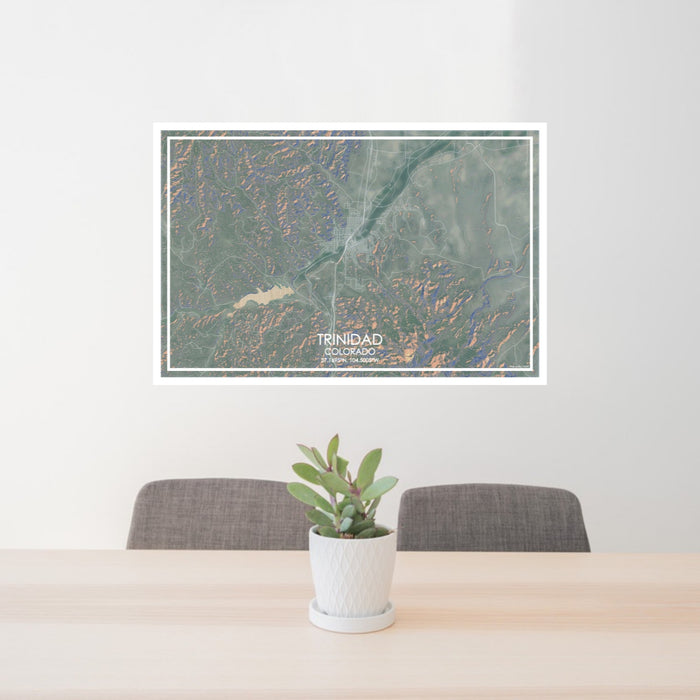 24x36 Trinidad Colorado Map Print Lanscape Orientation in Afternoon Style Behind 2 Chairs Table and Potted Plant