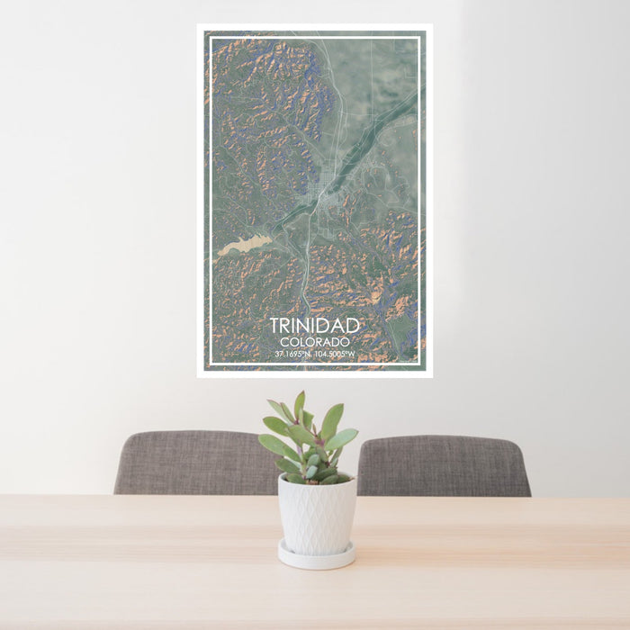 24x36 Trinidad Colorado Map Print Portrait Orientation in Afternoon Style Behind 2 Chairs Table and Potted Plant