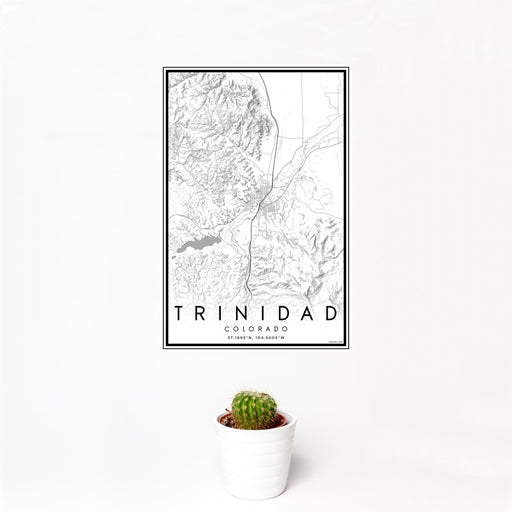 12x18 Trinidad Colorado Map Print Portrait Orientation in Classic Style With Small Cactus Plant in White Planter