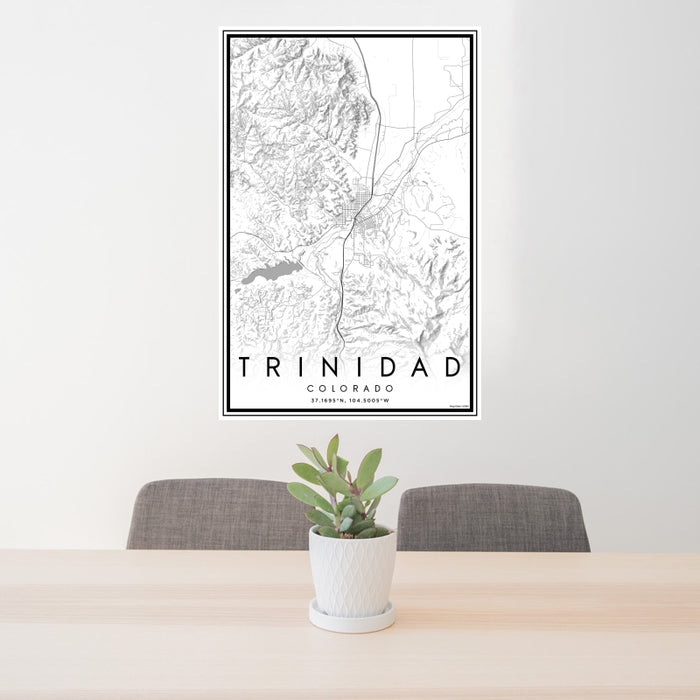 24x36 Trinidad Colorado Map Print Portrait Orientation in Classic Style Behind 2 Chairs Table and Potted Plant
