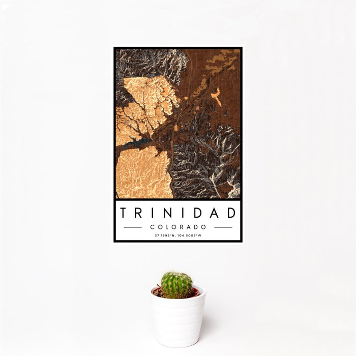 12x18 Trinidad Colorado Map Print Portrait Orientation in Ember Style With Small Cactus Plant in White Planter