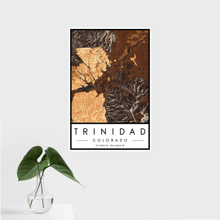 16x24 Trinidad Colorado Map Print Portrait Orientation in Ember Style With Tropical Plant Leaves in Water