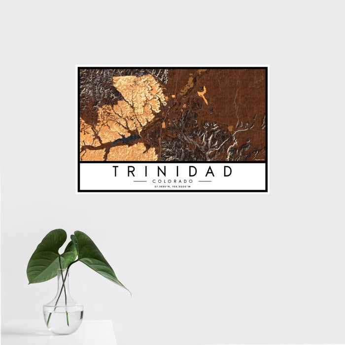 16x24 Trinidad Colorado Map Print Landscape Orientation in Ember Style With Tropical Plant Leaves in Water