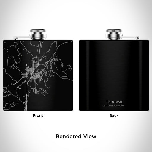 Rendered View of Trinidad Colorado Map Engraving on 6oz Stainless Steel Flask in Black