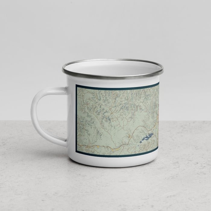 Left View Custom Trinidad Colorado Map Enamel Mug in Woodblock
