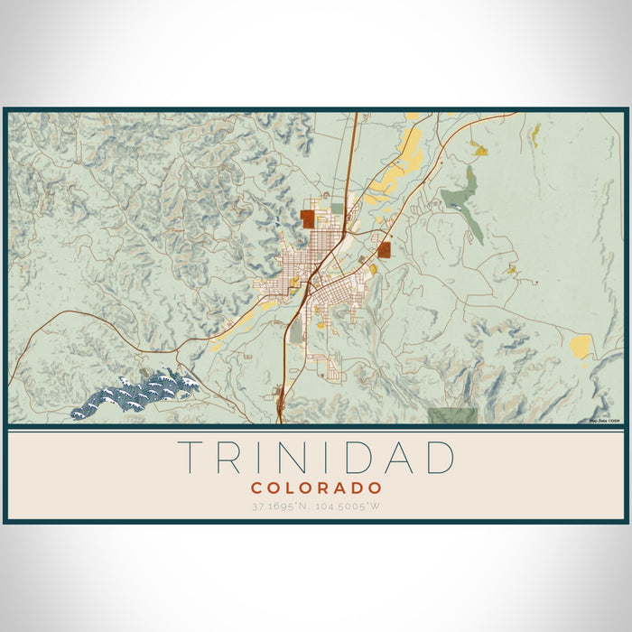 Trinidad Colorado Map Print Landscape Orientation in Woodblock Style With Shaded Background