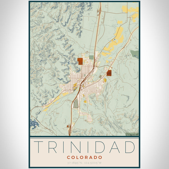 Trinidad Colorado Map Print Portrait Orientation in Woodblock Style With Shaded Background