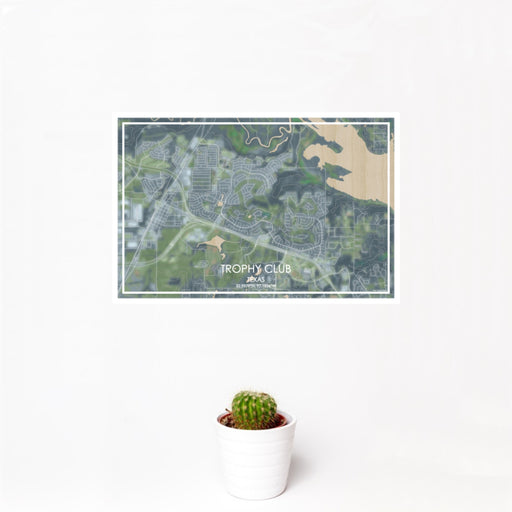 12x18 Trophy Club Texas Map Print Landscape Orientation in Afternoon Style With Small Cactus Plant in White Planter