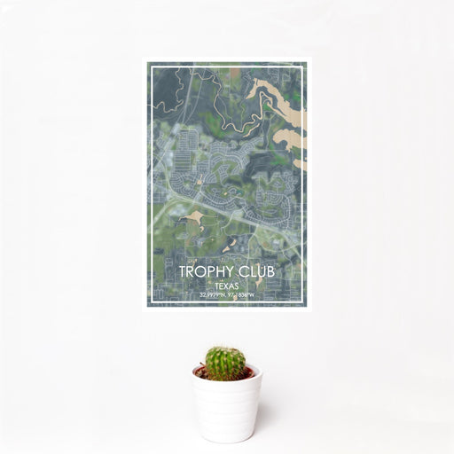 12x18 Trophy Club Texas Map Print Portrait Orientation in Afternoon Style With Small Cactus Plant in White Planter