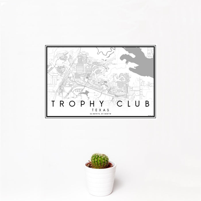 12x18 Trophy Club Texas Map Print Landscape Orientation in Classic Style With Small Cactus Plant in White Planter