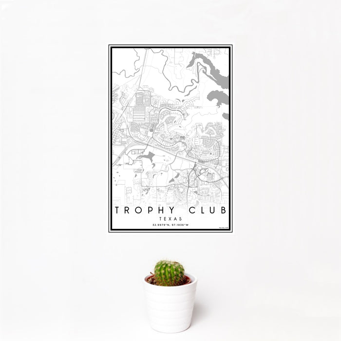 12x18 Trophy Club Texas Map Print Portrait Orientation in Classic Style With Small Cactus Plant in White Planter