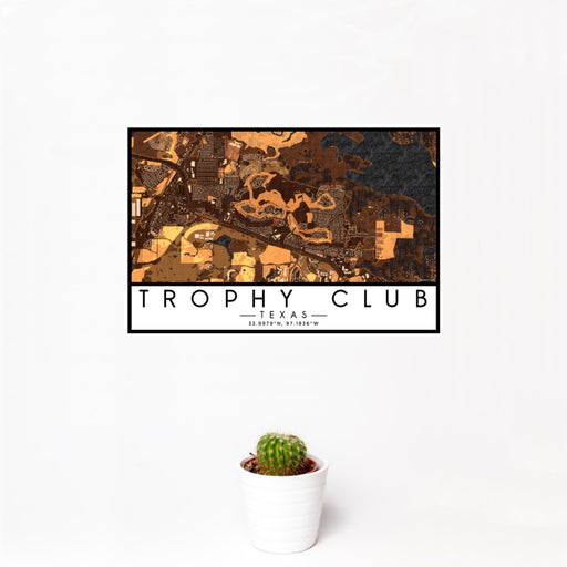 12x18 Trophy Club Texas Map Print Landscape Orientation in Ember Style With Small Cactus Plant in White Planter