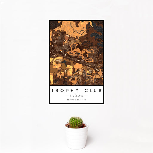 12x18 Trophy Club Texas Map Print Portrait Orientation in Ember Style With Small Cactus Plant in White Planter