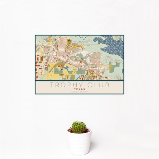 12x18 Trophy Club Texas Map Print Landscape Orientation in Woodblock Style With Small Cactus Plant in White Planter