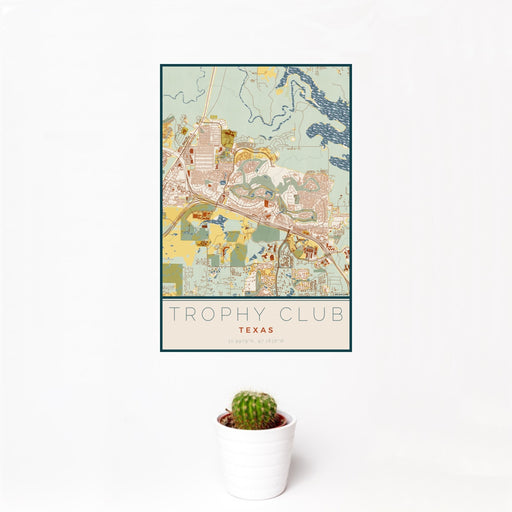 12x18 Trophy Club Texas Map Print Portrait Orientation in Woodblock Style With Small Cactus Plant in White Planter