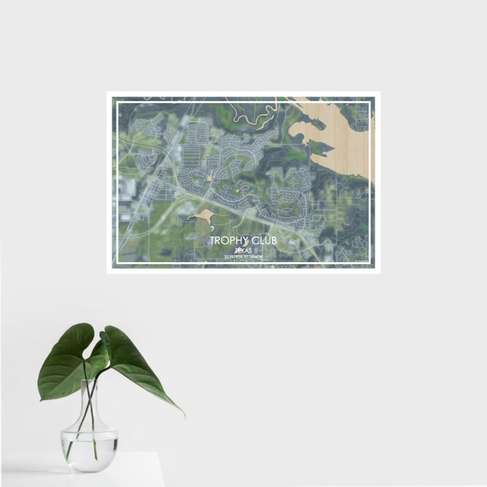 16x24 Trophy Club Texas Map Print Landscape Orientation in Afternoon Style With Tropical Plant Leaves in Water
