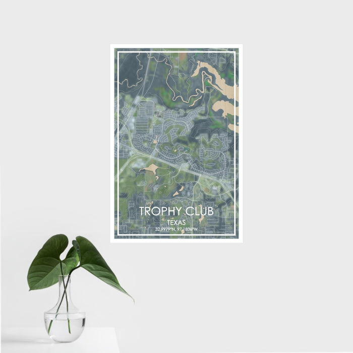 16x24 Trophy Club Texas Map Print Portrait Orientation in Afternoon Style With Tropical Plant Leaves in Water