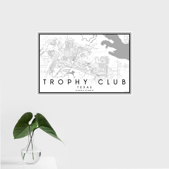 16x24 Trophy Club Texas Map Print Landscape Orientation in Classic Style With Tropical Plant Leaves in Water
