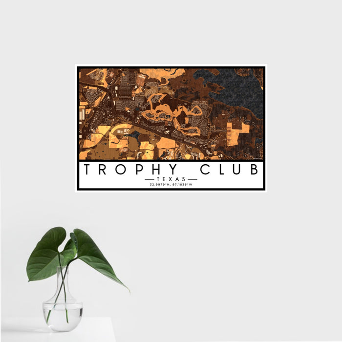 16x24 Trophy Club Texas Map Print Landscape Orientation in Ember Style With Tropical Plant Leaves in Water