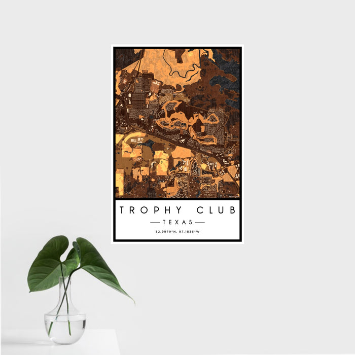 16x24 Trophy Club Texas Map Print Portrait Orientation in Ember Style With Tropical Plant Leaves in Water