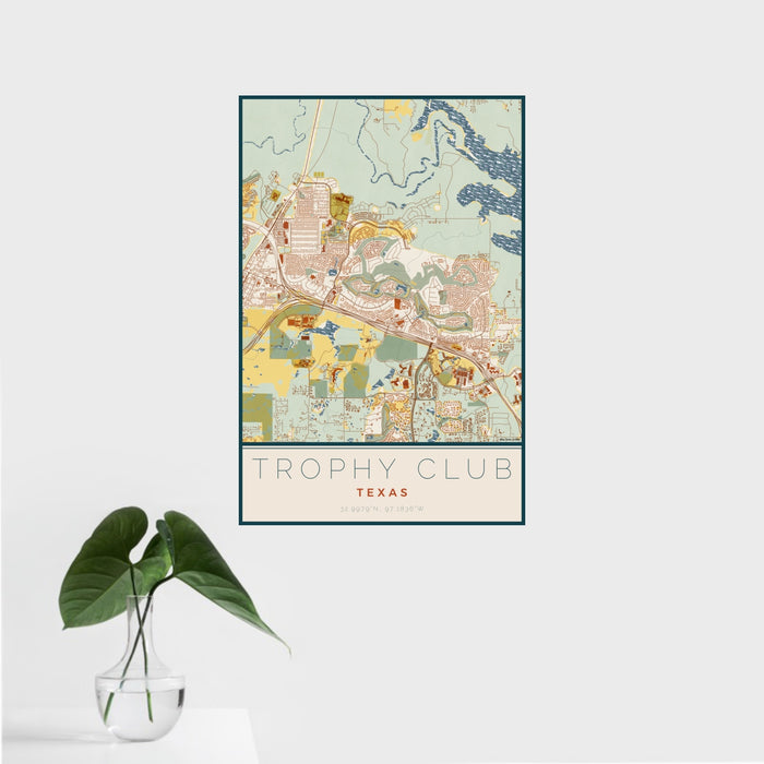 16x24 Trophy Club Texas Map Print Portrait Orientation in Woodblock Style With Tropical Plant Leaves in Water