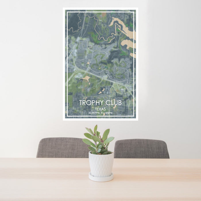 24x36 Trophy Club Texas Map Print Portrait Orientation in Afternoon Style Behind 2 Chairs Table and Potted Plant