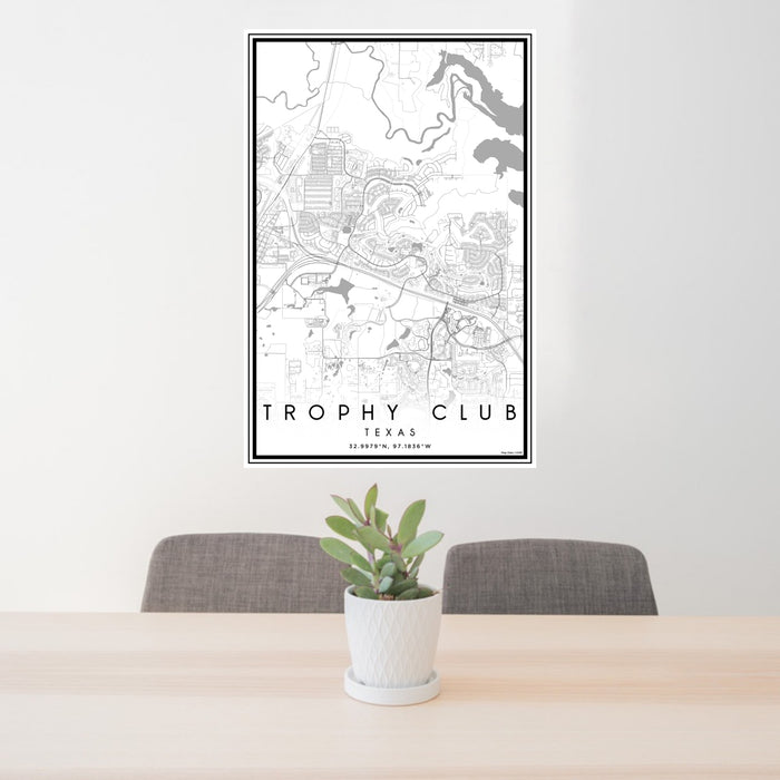 24x36 Trophy Club Texas Map Print Portrait Orientation in Classic Style Behind 2 Chairs Table and Potted Plant